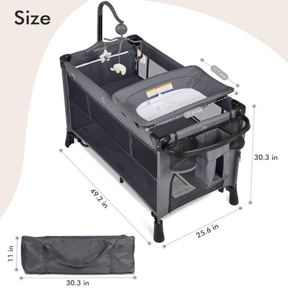 ANGELBLISS 5 in 1 Baby Bassinet, Bedside Crib & Playpen, Pack and Play Bassinet with Diaper Changer and Removable Rocker, Easy Folding Portable Crib with Mobile, Sheet & Mattress (Grey)