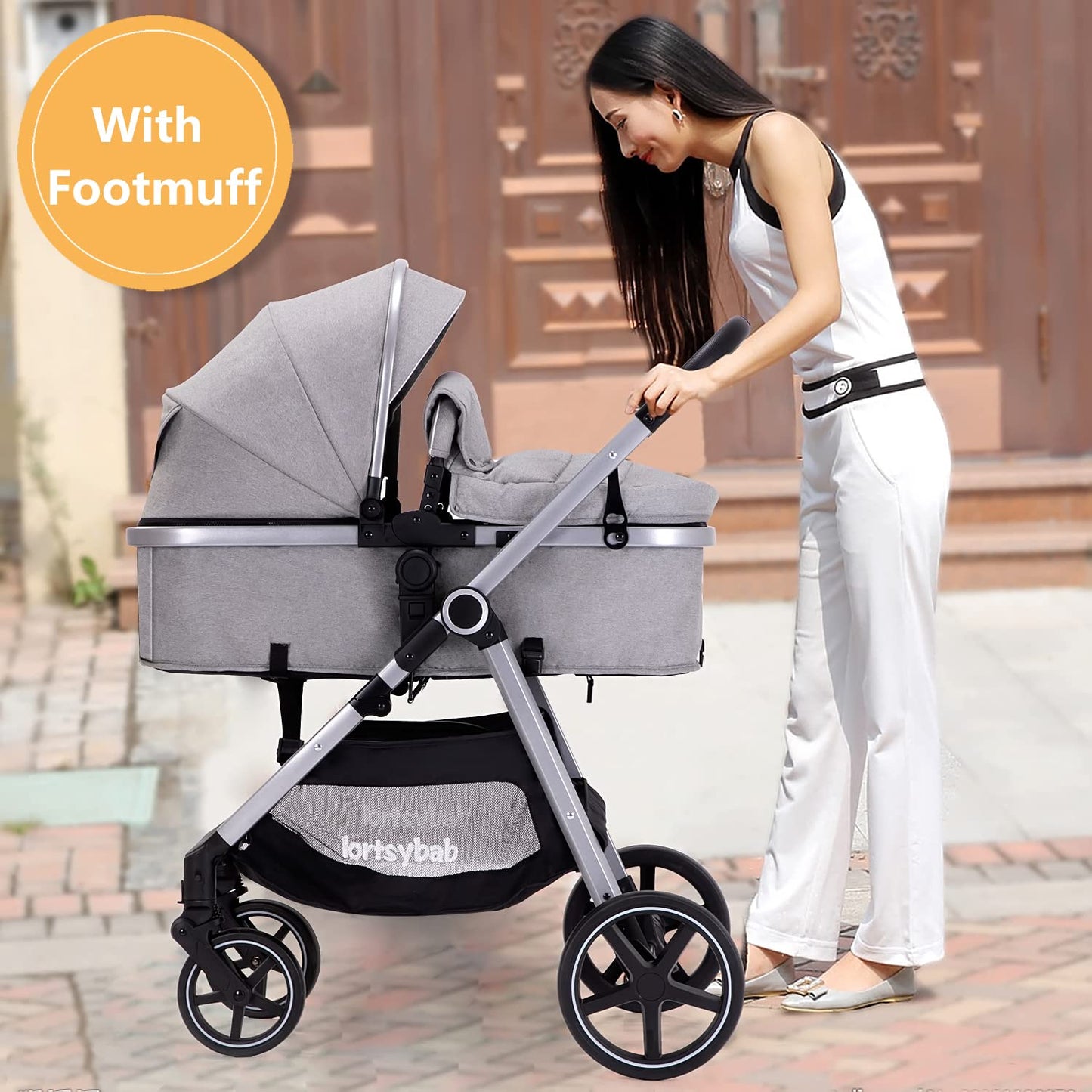 2-in-1 Baby Stroller with Bassinet Mode - Folding Infant Newborn Pram Stroller with Reversible Seat - Toddler Strollers for 0-36 Months Old Babies (Beige)