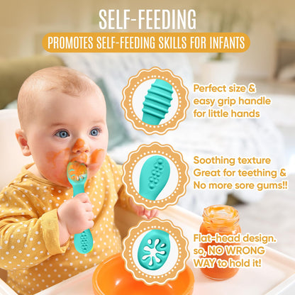 4pc Silicone Baby Spoons Self Feeding Baby Utensils 6-12 Months - 3 Baby Spoon - 1 Baby Fork - Toddler Cutlery Set - BPA Free, Dishwasher Safe, Baby Eating Essentials (Light pink/Army Green)