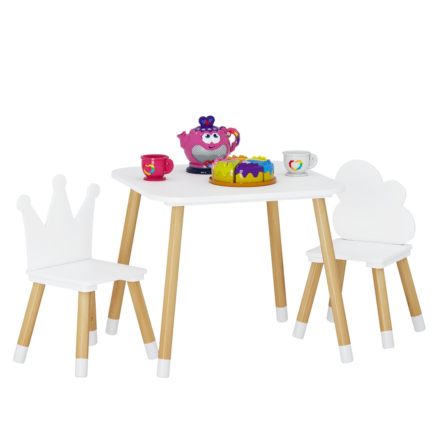 UTEX Kids Wood Table and Chair Set, Kids Play Table with 2 Chairs,3 Pieces Kids Round Table for Toddlers, Girls, Boys,White