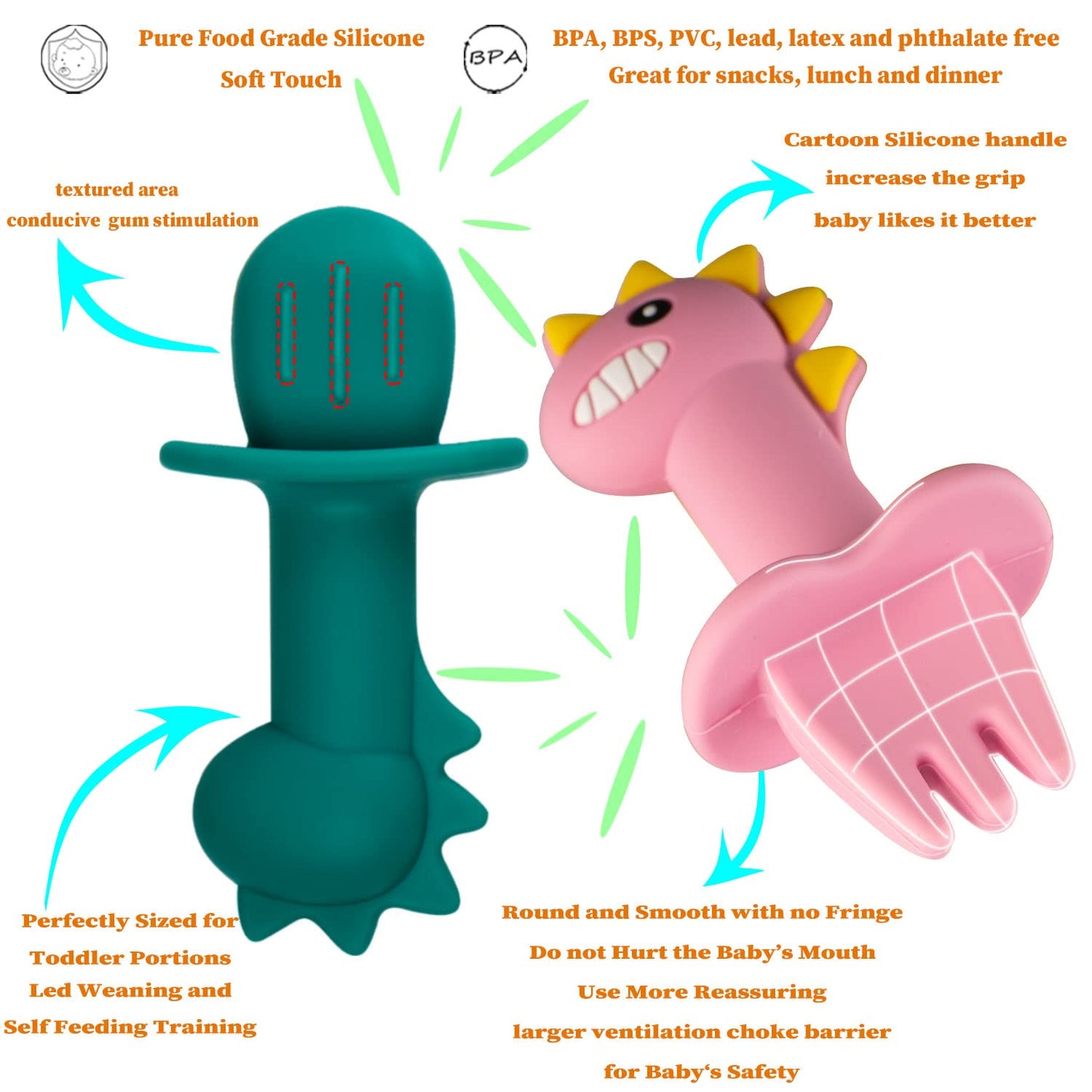 Silicone Suction Plates for Baby Toddler with Spoon Fork set Divided Dinosaurs Plates Self Feeding Training Baby Dinner Plate-Green Dinosaurs Plate Set