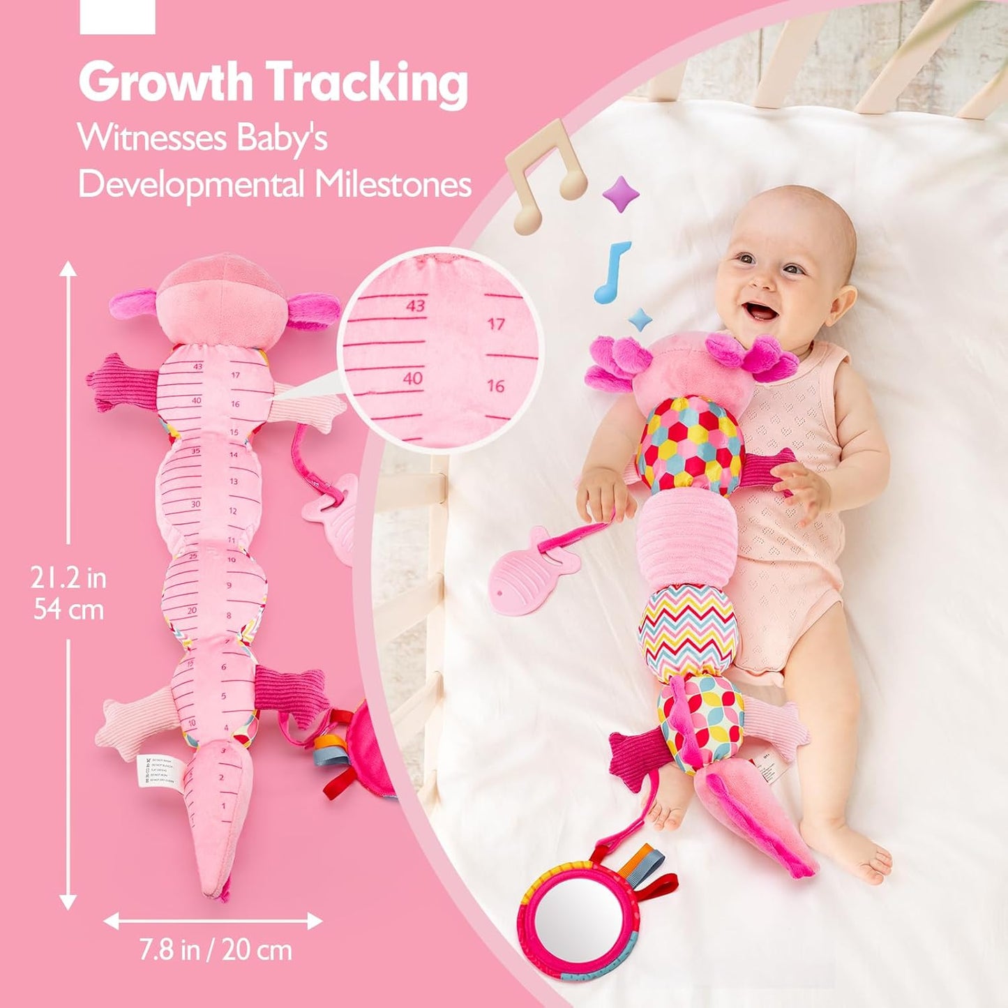 hahaland Tummy Time Toys for Babies 0-6 Months - Musical Axolotl Plush with Rattle, Teether, Mirror, Squeaky, Crinkle - Infant Toys 0-12 Months Baby Gifts
