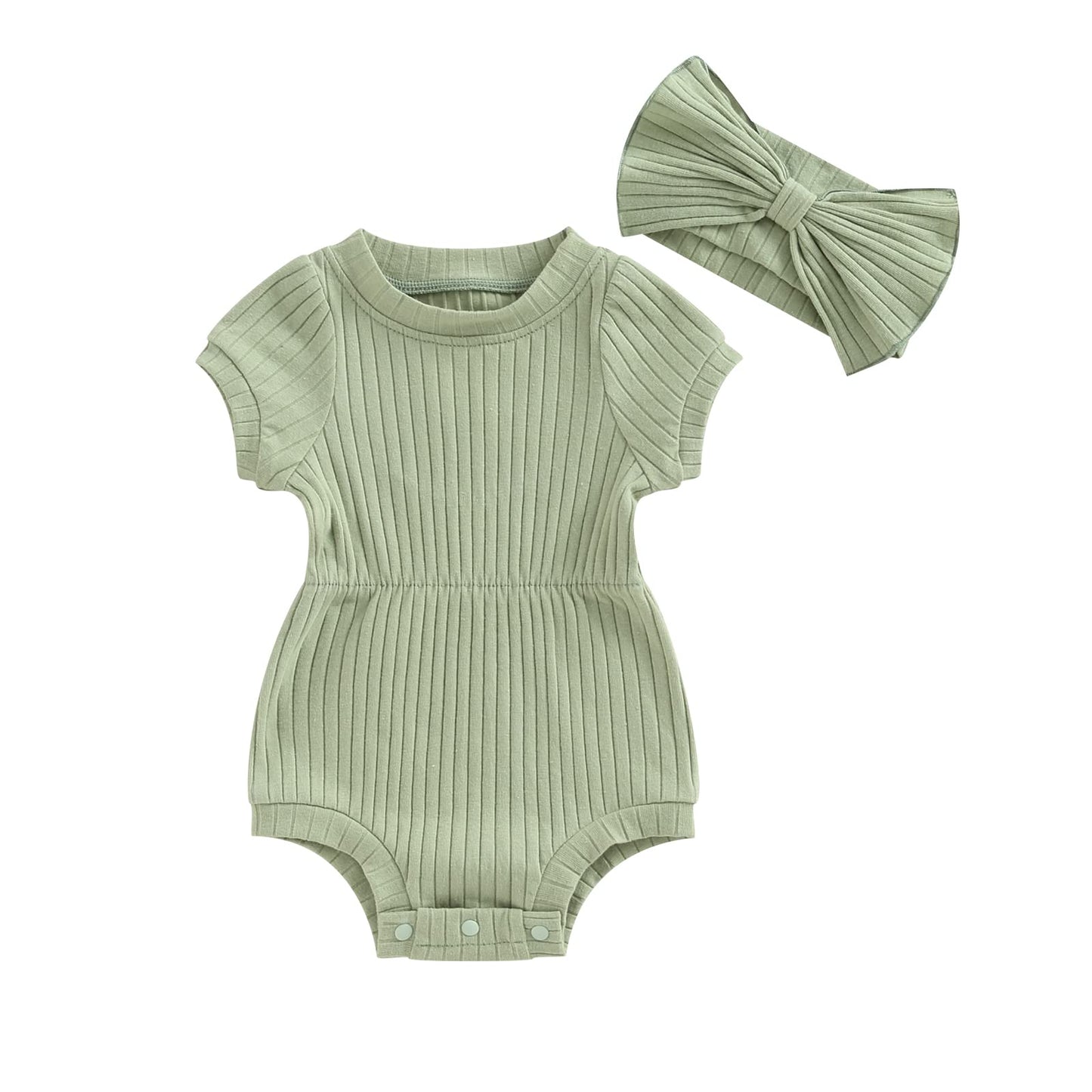 Baby Girl Summer Clothes Ribbed Short Sleeve Romper Solid Color Bodysuits Bow Headband Outfit Newborn Girl Jumpsuit