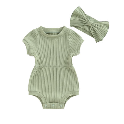 Baby Girl Summer Clothes Ribbed Short Sleeve Romper Solid Color Bodysuits Bow Headband Outfit Newborn Girl Jumpsuit