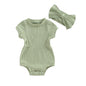 Baby Girl Summer Clothes Ribbed Short Sleeve Romper Solid Color Bodysuits Bow Headband Outfit Newborn Girl Jumpsuit