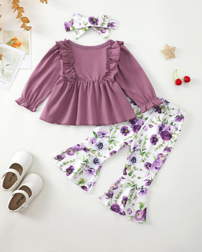 Toddler Baby Girl Clothes Fall/Winter Girls Outfits Ruffle Long Sleeve Tops Floral Flared Pants Girls' Clothing Sets