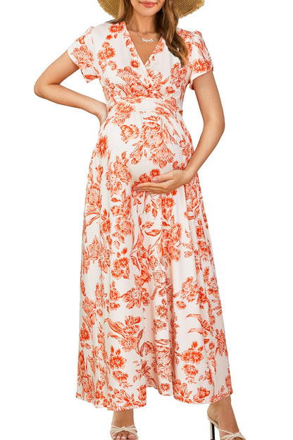 OUGES Maternity Maxi Dress Wrap V Neck Baby Shower Pregnancy Dresses for Photoshoot