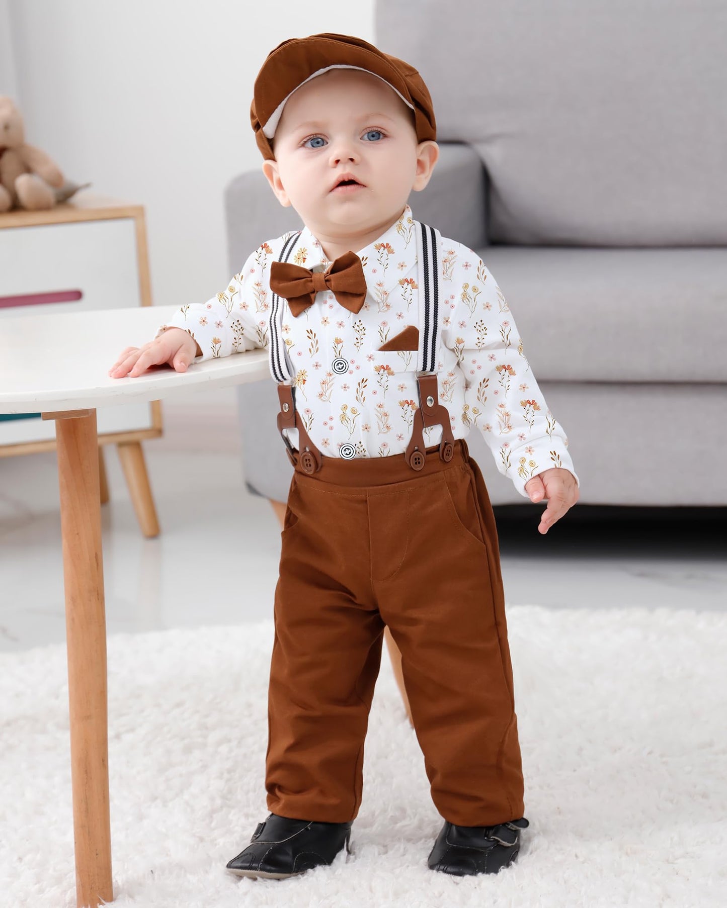 WESIDOM Baby Boy Clothes 0-18M Newborn Infant Gentleman Outfit, Shirt+Bowtie+Beret+Suspender Pant Baby boy Suit Clothing Set