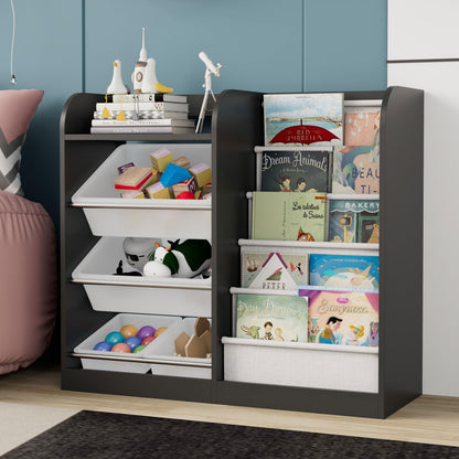 White Kids Bookshelf Wood Toy Storage Organizer Cabinet Children Bookcase Toddler Baby Sling Book Rack 3 Cube Bins Fabric Drawers for Playroom Bedroom Nursery School