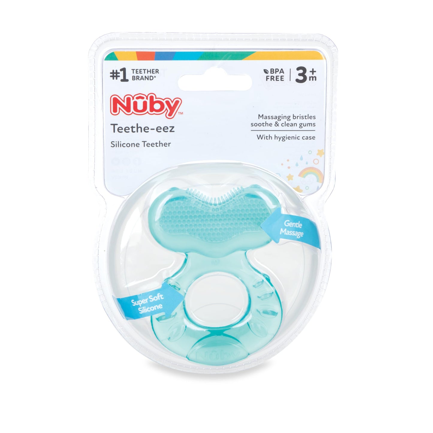Nuby Silicone Teethe-eez Teether with Bristles, Includes Hygienic Case, Blue