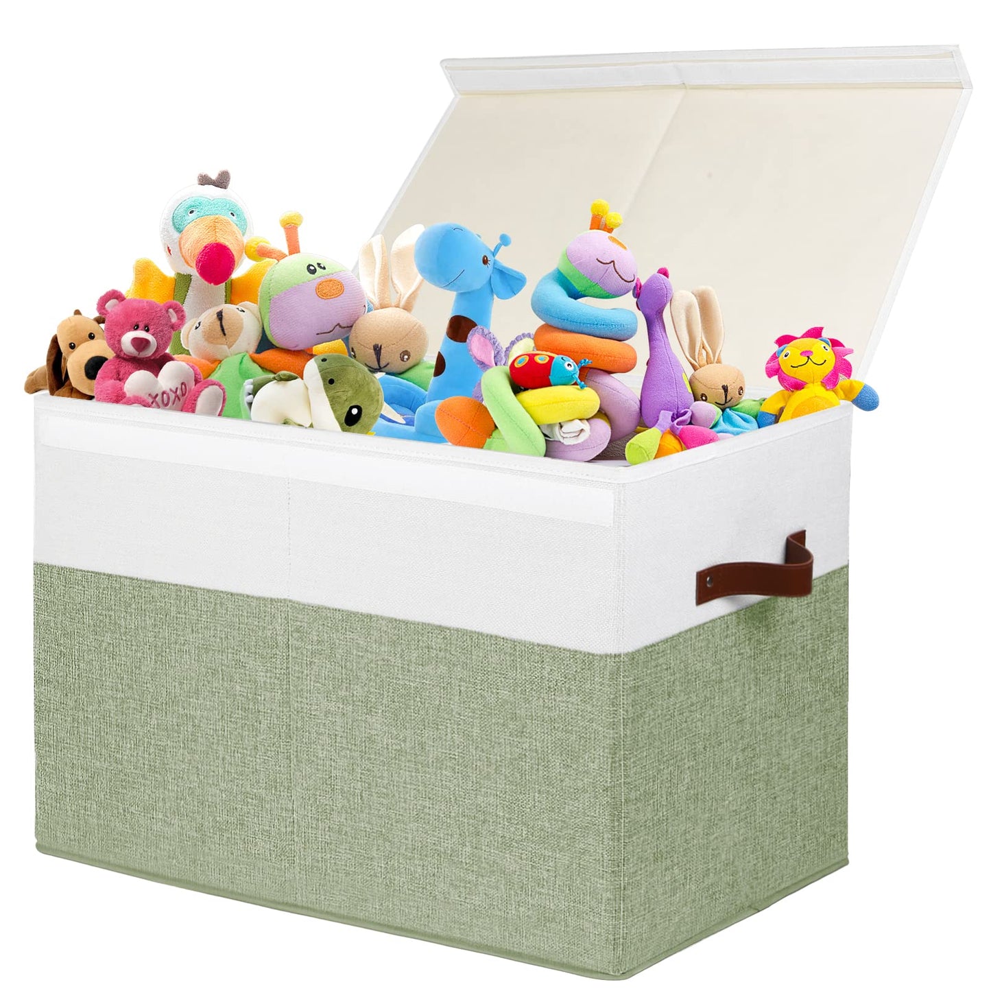 Large Toy Storage Box with Lid, Sturdy Toys Storage Chest Bin Organizer Basket with Dividers for Kids, Boys, Girls, Nursery, Closet, Bedroom, Playroom 25"x13" x16" (Beige and White)