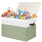 Large Toy Storage Box with Lid, Sturdy Toys Storage Chest Bin Organizer Basket with Dividers for Kids, Boys, Girls, Nursery, Closet, Bedroom, Playroom 25"x13" x16" (Beige and White)