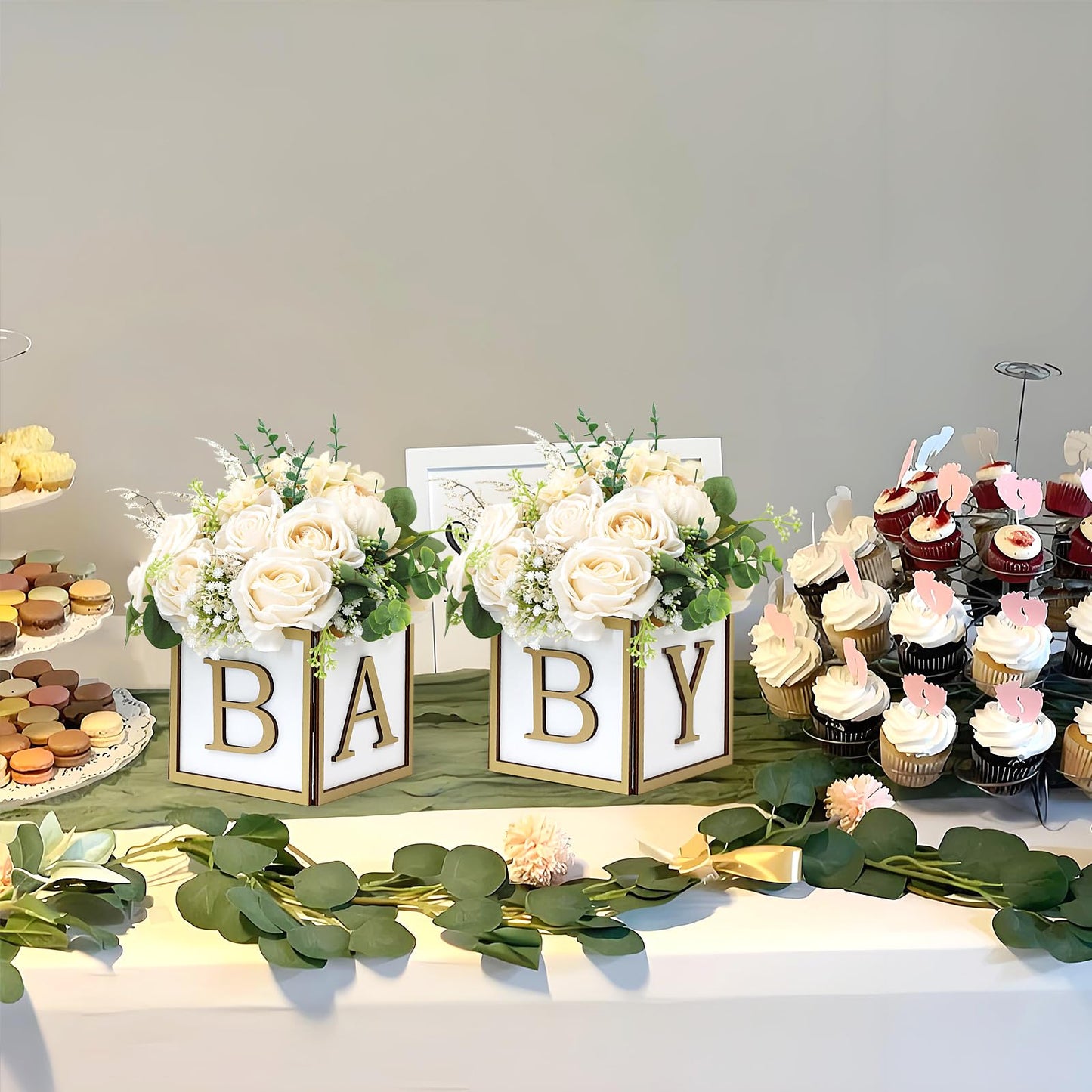 4 Set Baby Shower Centerpieces for Tables - 6 inch Wooden Boxes with Baby Letters Rustic Cube Planter Wood Blocks for Boy Girl Gender Reveal Party Favor (Blue)