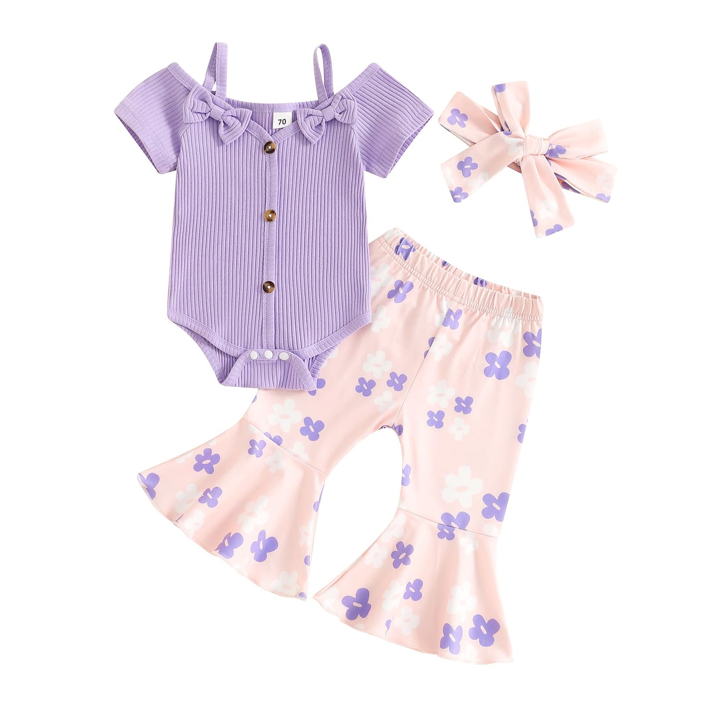 Fernvia Infant Baby Girl Clothes Suspenders Short Sleeve Ribbed Romper Flared Pants Set Headband 3pcs Summer Outfit
