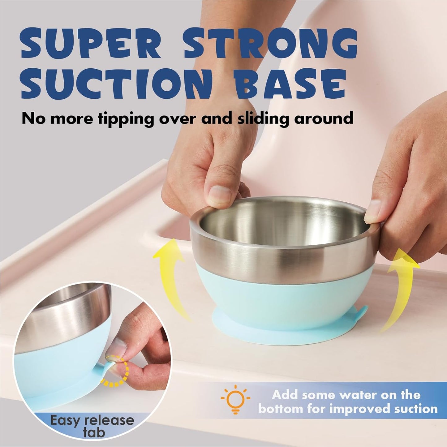 MR. CHOU Baby Bowls with Non-Slip Silicone Suction Cup, Insulated Double-Layer 304 Stainless Steel Toddler Bowls with BPA Free Airtight Lids, Food-Grade Silicone Safe for Kids (Blue)