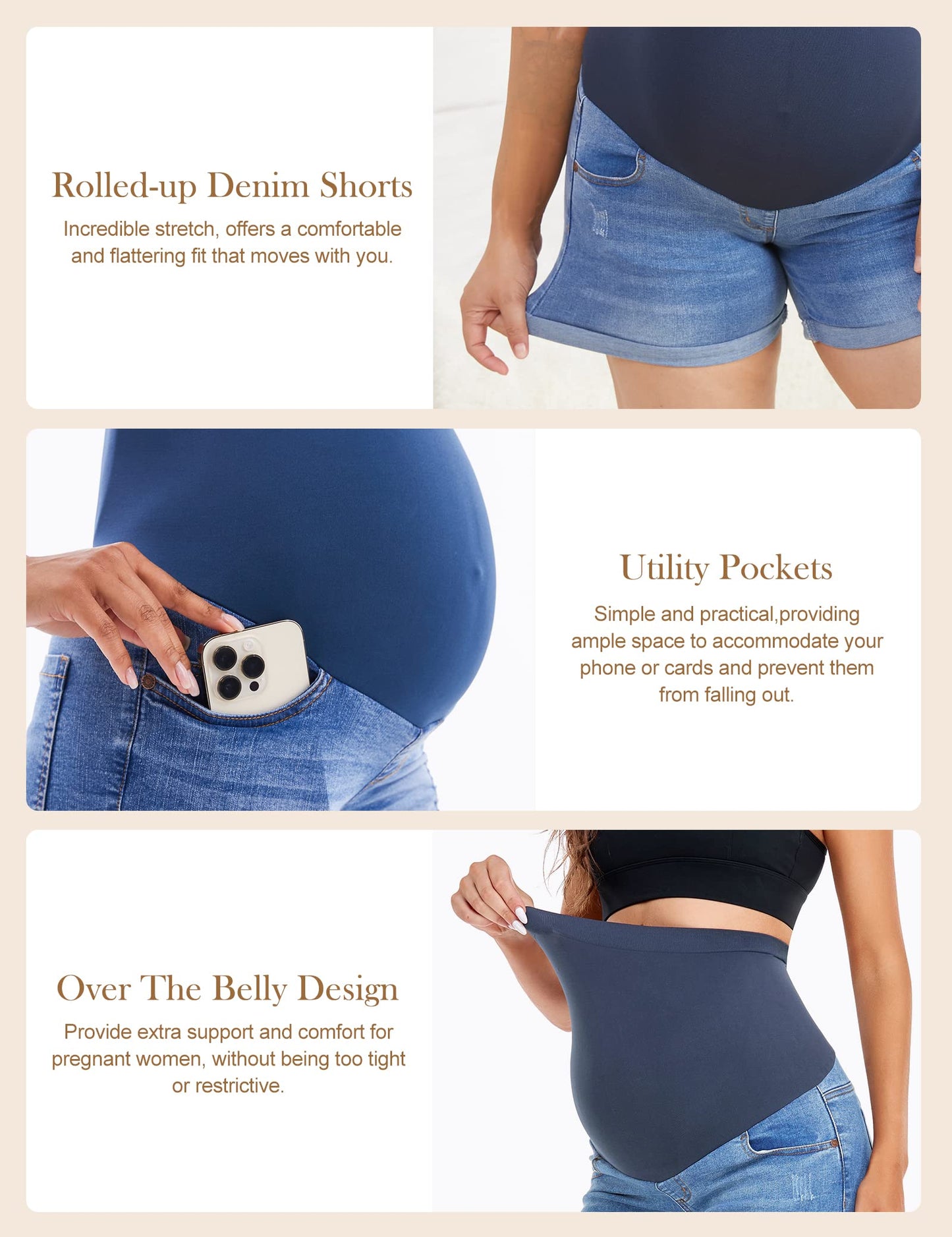 HOFISH Women's Maternity Jeans Shorts Over The Belly Stretchy Comfy Denim Shorts Pants Casual Workout Pregnancy Shorts
