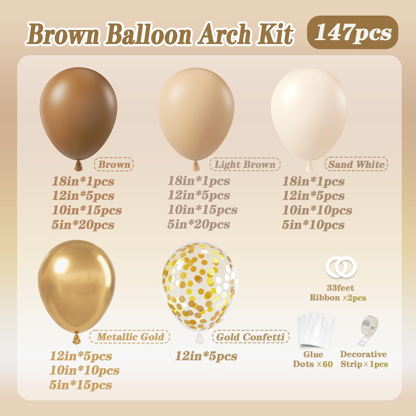 147pcs Neutral Balloon Garland Arch Kit, Different Sizes with Beige Cream Sand White Metallic Champagne Gold Balloons for Wedding Bridal Shower Birthday Boho Neutral Baby Shower Party Decorations