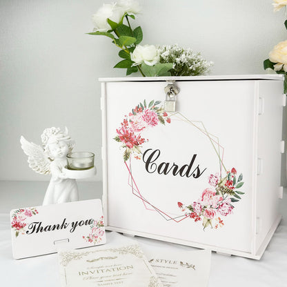 White Wedding Card Box with Lock, Gift Wedding Card Boxes for Reception Money Holder with Rose Sign for Wedding Decorations, Baby Showers, Birthdays, Bridal or Graduation Party Supplies