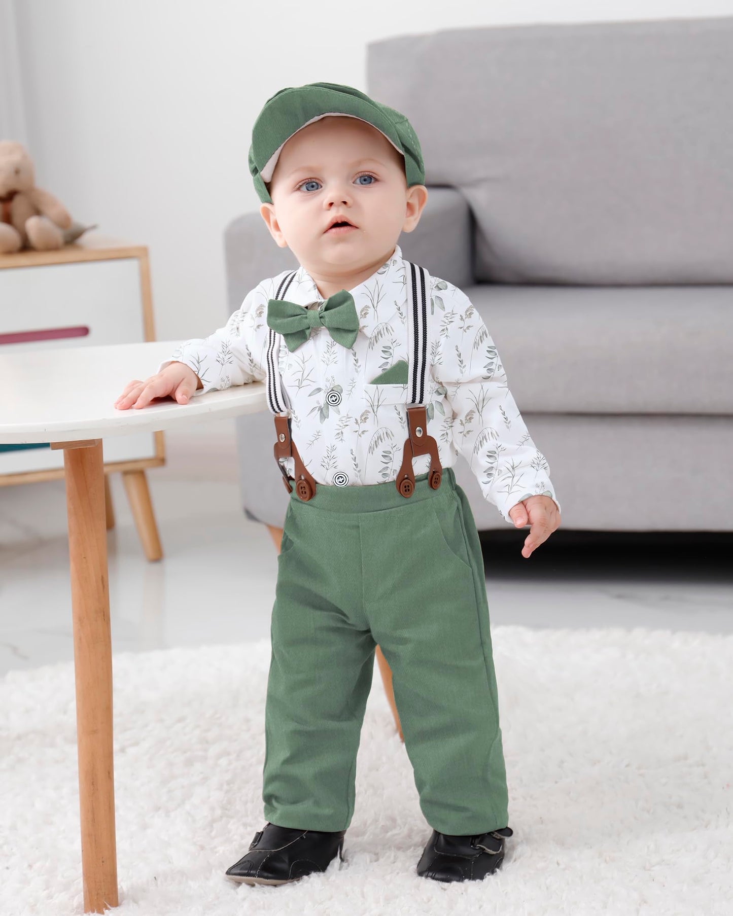 WESIDOM Baby Boy Clothes 0-18M Newborn Infant Gentleman Outfit, Shirt+Bowtie+Beret+Suspender Pant Baby boy Suit Clothing Set
