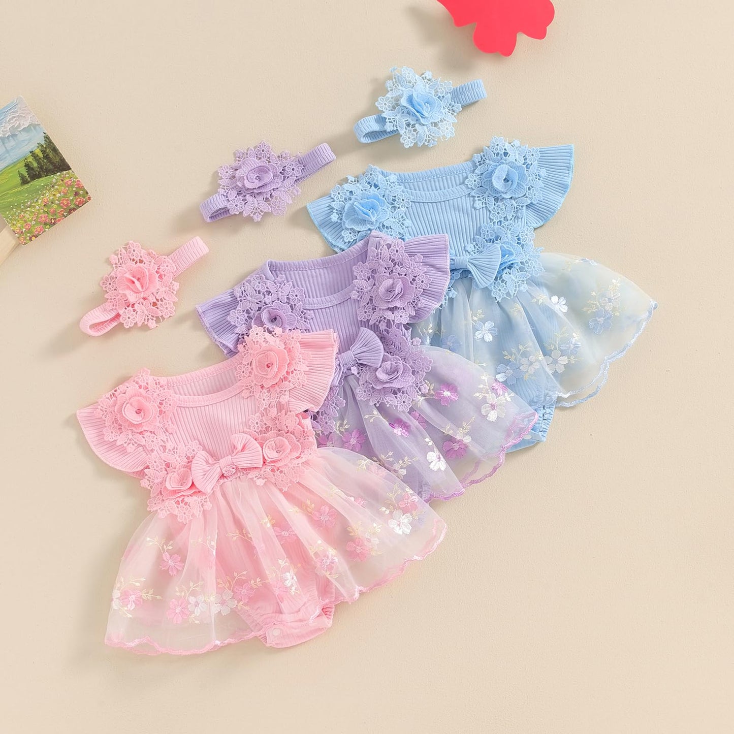 Hnyenmcko Newborn Baby Girl Summer Romper Dress Infant Fly Sleeve Flower Embroidery Mesh Tulle Skirt Hem Ribbed Bodysuit