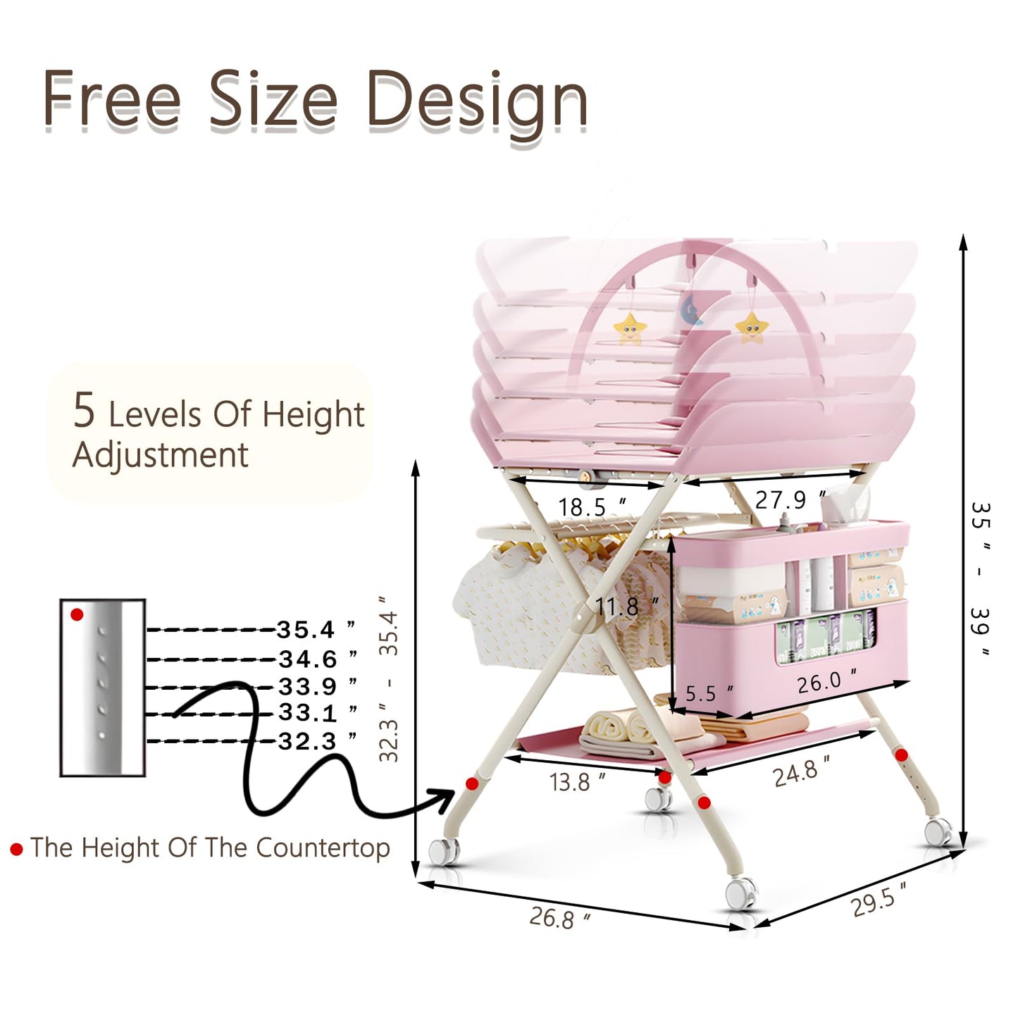 Foldable Portable Changing Table for Baby,Upgraded Style Baby Portable Diaper Changing Station with Wheels,Nursery Five Level Adjustable Height Changing Table with Organizer Storage(Green)