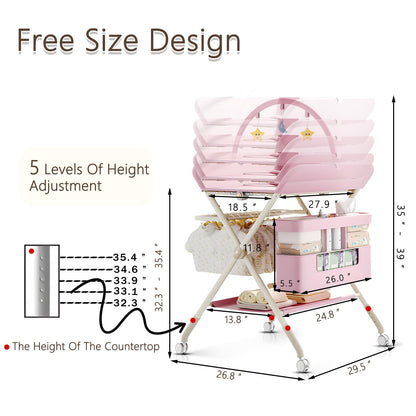 Foldable Portable Changing Table for Baby,Upgraded Style Baby Portable Diaper Changing Station with Wheels,Nursery Five Level Adjustable Height Changing Table with Organizer Storage(Green)