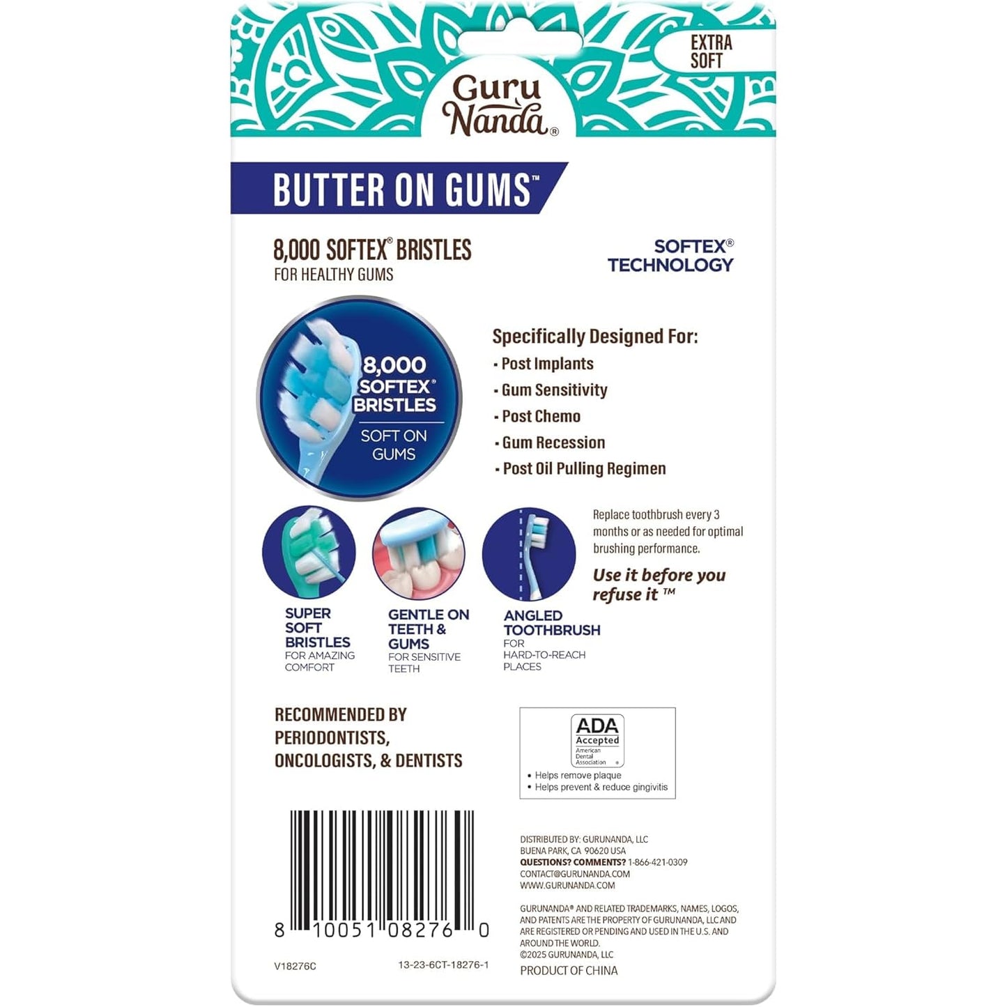 GuruNanda Butter On Gums Toothbrush, ADA Accepted, with 8000+ Ultra Soft Softex Bristles for Sensitive & Receding Gums, Perfect for Whiter Teeth, 8 Ct
