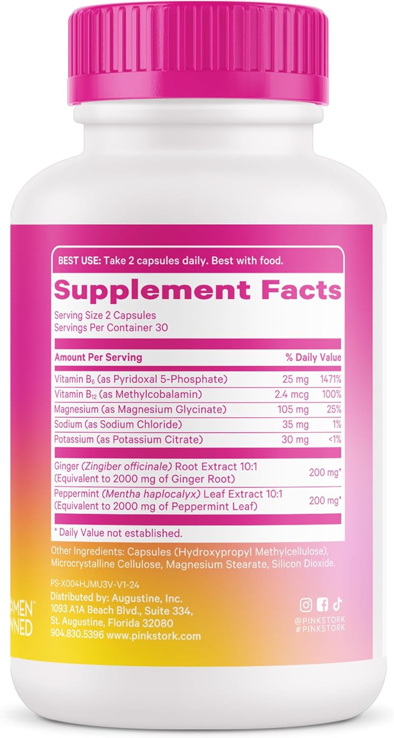 Pink Stork Vitamin B6, Ginger, Electrolyte Capsule - Natural Digestive Support with Peppermint, Potassium, Magnesium - Gentle on The Stomach - Pregnancy, + Motion Sickness Must Haves - 60ct