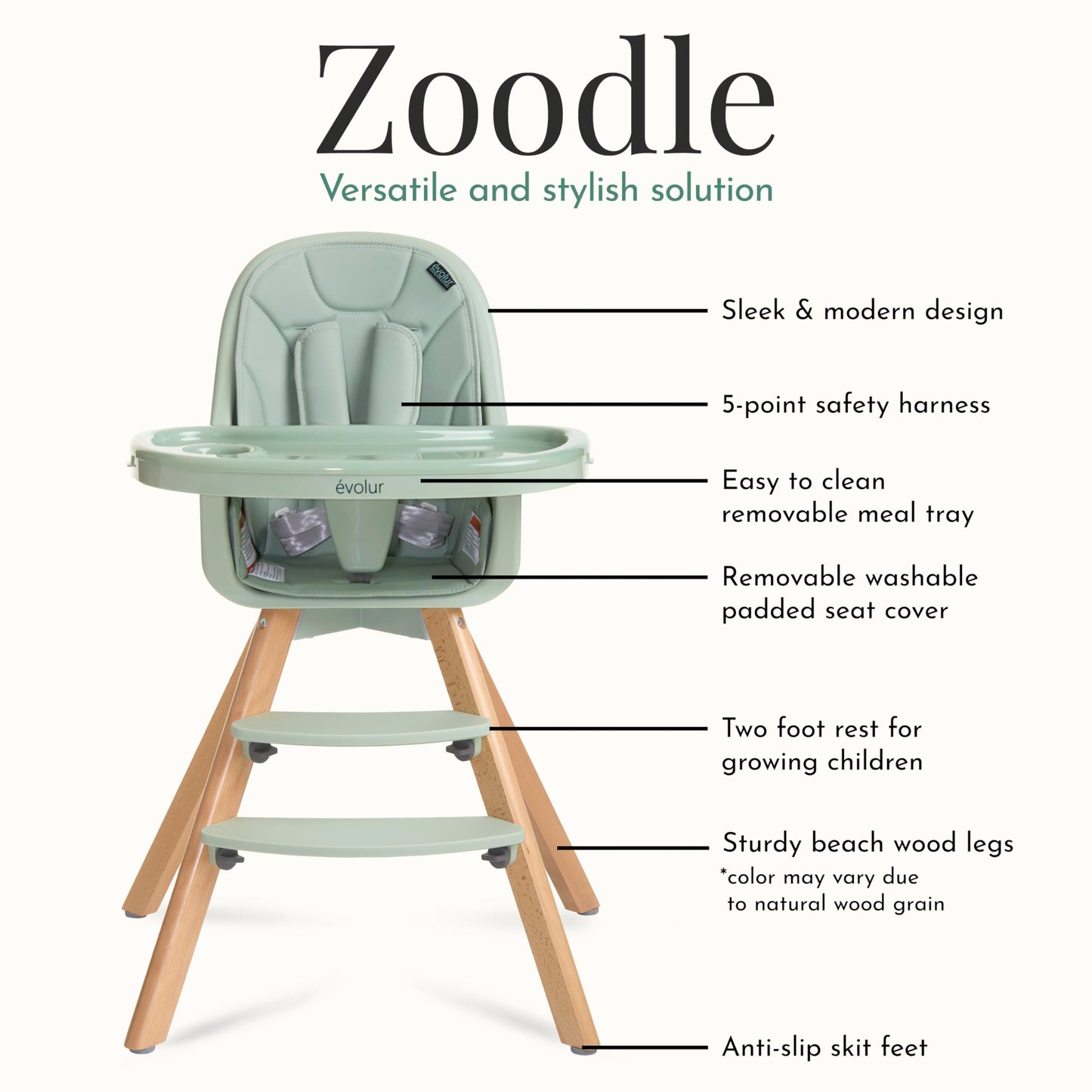 Evolur Zoodle 2 in 1 Convertible Baby High Chair in Light Gray