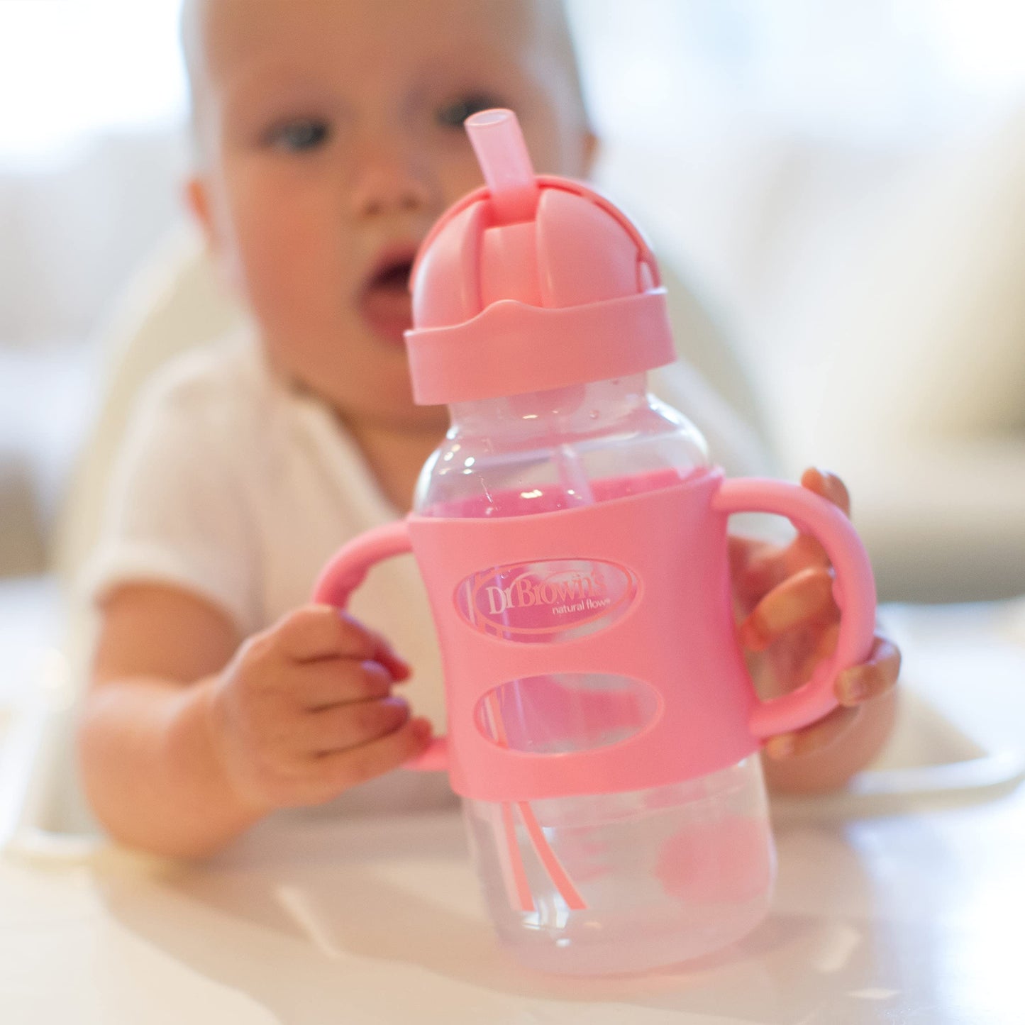 Dr. Brown's Milestones Wide-Neck Sippy Straw Bottle with 100% Silicone Handles and Weighted Straw, 9 oz/270 mL, Gray & Pink, 6m+, 2 Count (Pack of 1)