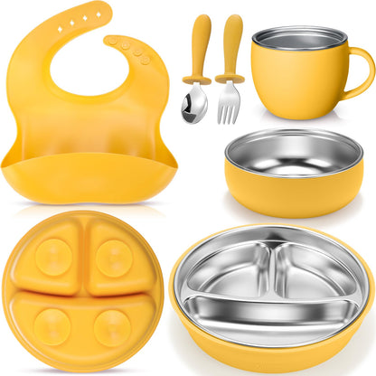 Nuogo 6 Pcs 304 Stainless Steel Kids Plates and Bowls Set Stainless Steel Suction Bowls and Toddler Cup with Removable Silicone, Forks Spoons Pocket Bib for Baby Toddle(Pink,Round)