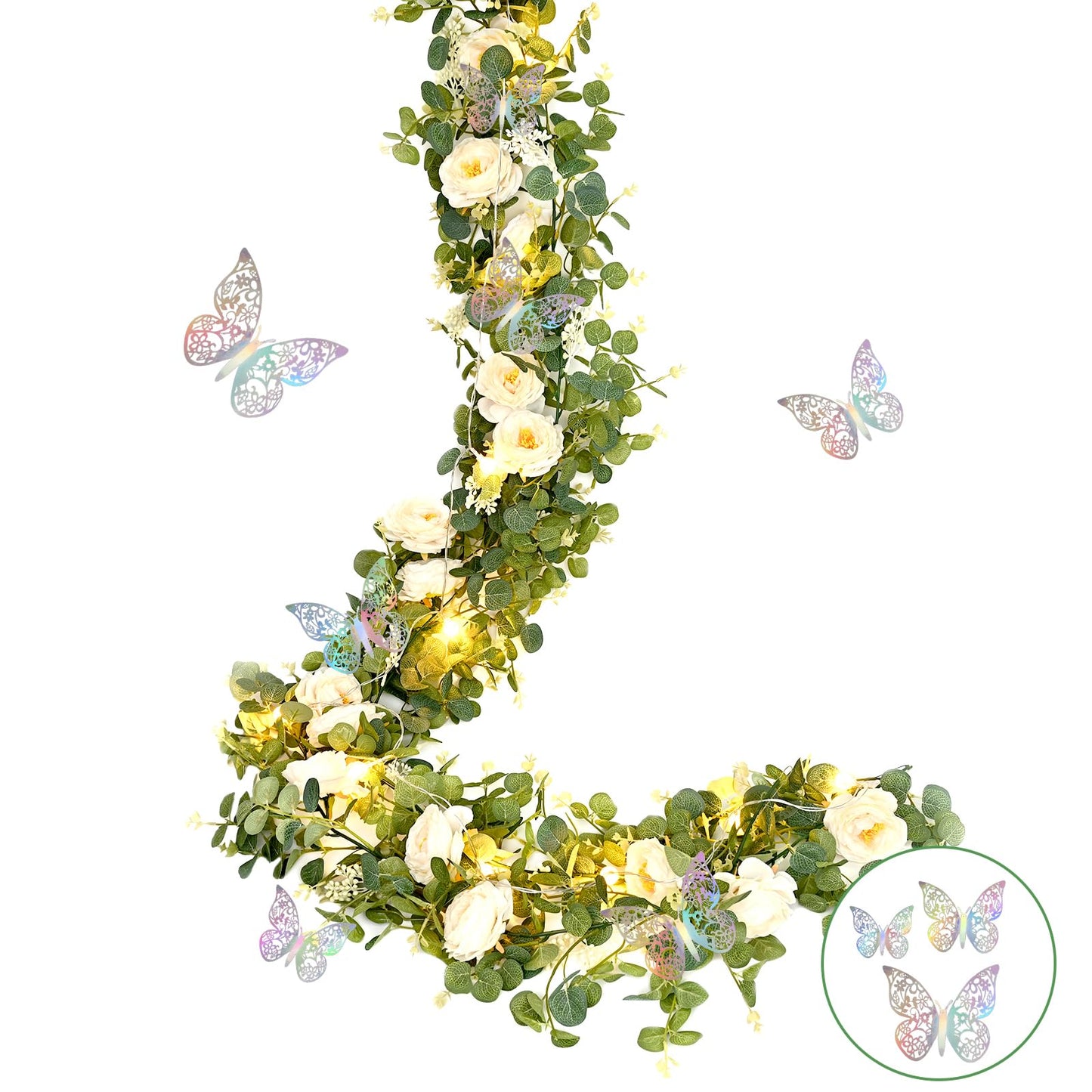 Yastouay 6.4 Ft Fuller Artificial Eucalyptus Garland with Champagne Flowers Fake Rose Vine for Table Centerpiece Wedding Baby Shower Party Room Backdrop Decor