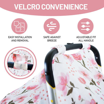100% Muslin Summer Baby Car Seat Cover, Universal Fit Infant Car Seat Canopy, Breathable & Lightweight Sun, Weather Protection for Boys & Girls