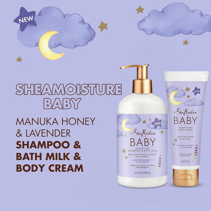 Shea Moisture Baby Care Set – Relaxing Nighttime Shampoo & Bath Milk + Nighttime Body Cream for Delicate Skin, Manuka Honey & Lavender (2 Piece Set)