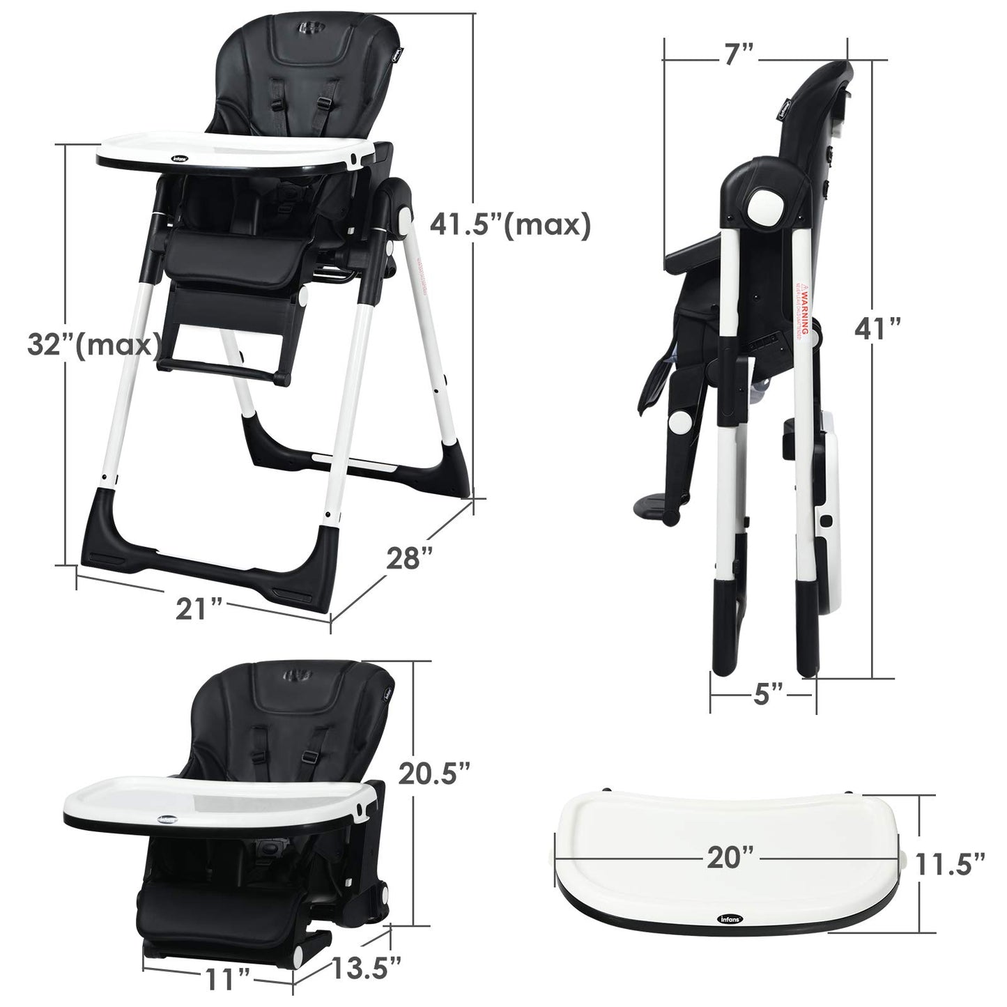 INFANS High Chair for Babies & Toddlers, Foldable Highchair with Multiple Adjustable Backrest, Footrest and Seat Height, Removable Tray, Detachable PU Leather Cushion, Built-in Rear Wheels (Black)