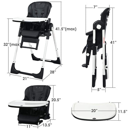 INFANS High Chair for Babies & Toddlers, Foldable Highchair with Multiple Adjustable Backrest, Footrest and Seat Height, Removable Tray, Detachable PU Leather Cushion, Built-in Rear Wheels (Black)
