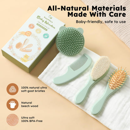 Yoofoss 4 Piece Baby Brush and Comb Set, Wooden Baby Brush with Natural Ultra Soft Goat Hair, Baby Hair Brush for Newborn, Baby Brush Set for Boy Girl