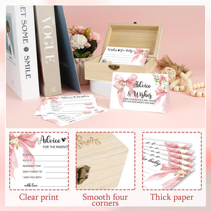 50 PCS Pink Bow Baby Shower Advice Cards For Parents To Be, Advice and Wishes Cards with Box for Baby Shower Games Advice for New Parents Baby Showers