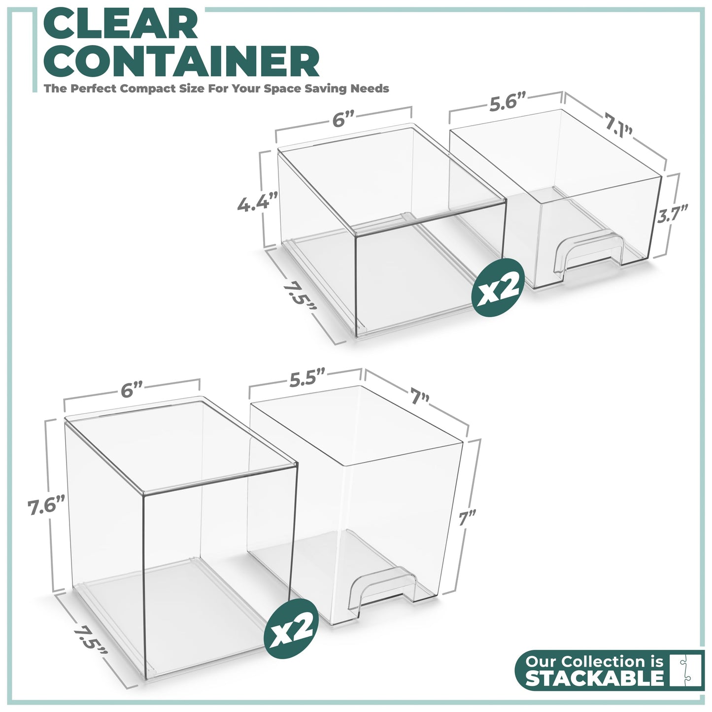 Sorbus Acrylic Storage Containers - 2 Pack, Stackable Storage Bins Set for Bathroom Organization - Clear Acrylic Drawer Organizers - Makeup Case Pull-Out Drawers (7.6’’ and 4.4’’ Tall)