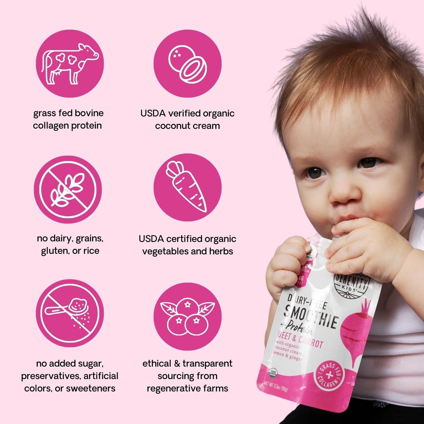Serenity Kids 6+ Months Dairy-Free Smoothie Baby Food | USDA Organic | Grass Fed Collagen Protein | 3.5 Ounce BPA-Free Pouch | Berry Butternut | 12 Count