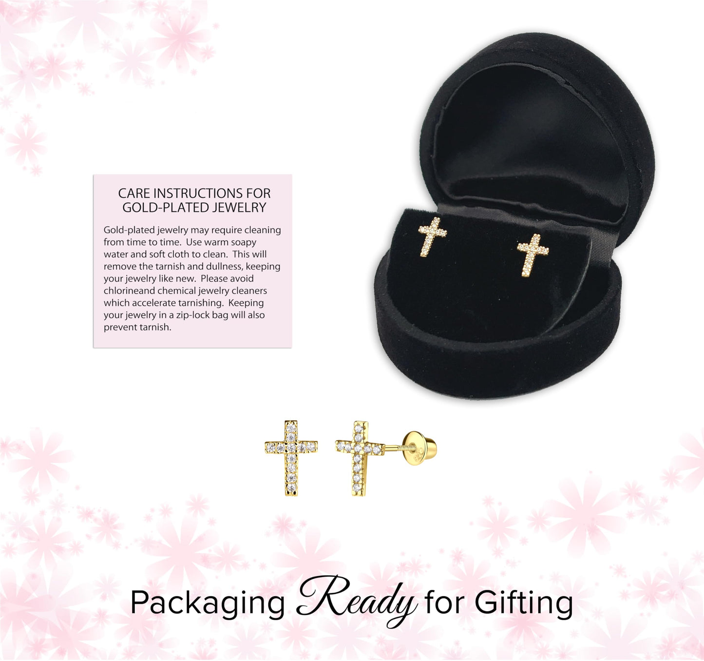Cherished Moments Children's Sterling Silver or Gold-Plated Cross Earrings with CZs and Safety Screw Backs for Baptism, Christening and First Communion Gifts for Girls