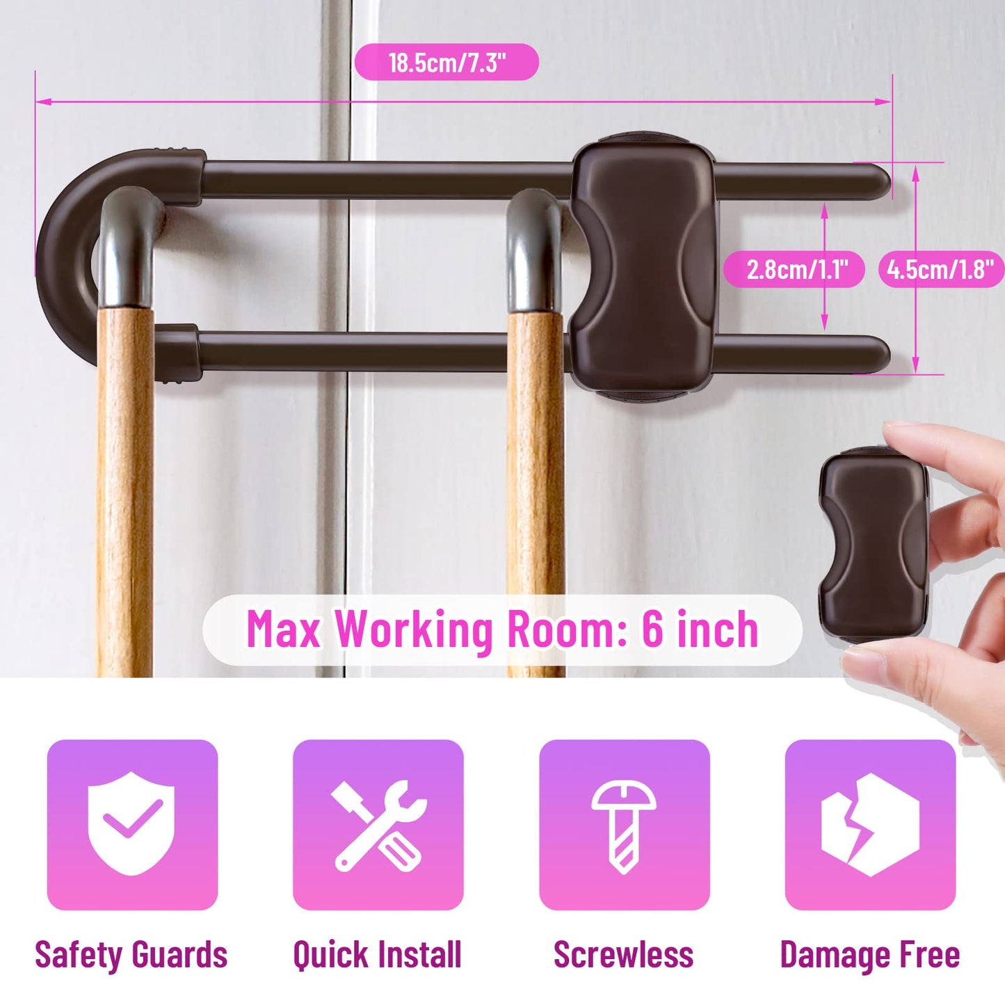 6 Packs Sliding Cabinet Locks, Modacraft Baby Proofing U-Shaped Child Safety Latches Adjustable White Locks for Handles Knobs Drawers Closet Cupboard