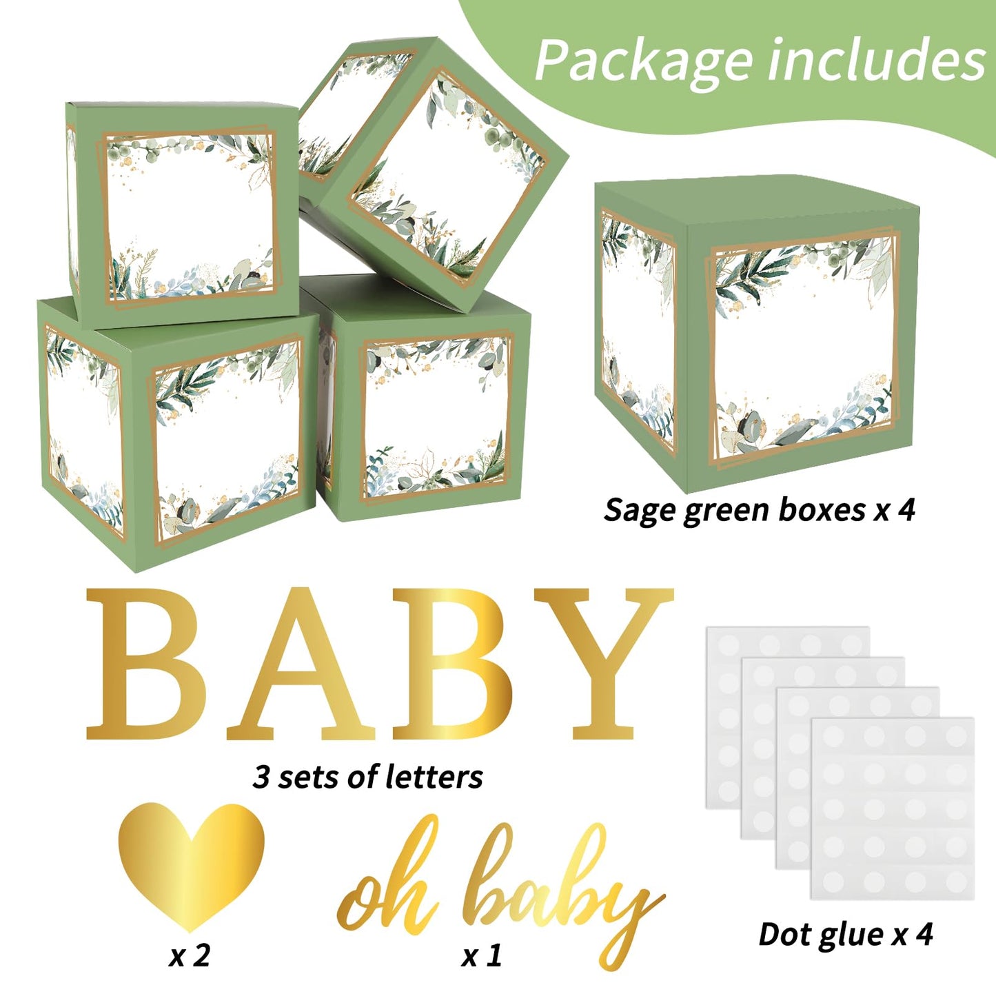 RUBFAC Sage Green Baby Boxes with Letters for Baby Shower, 4pcs Safari Baby Shower Decorations for Boy Girl Balloon Boxes Gender Reveal Birthday Party Favors