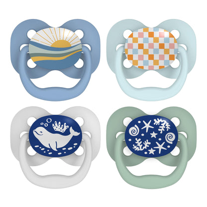 Dr. Brown's Advantage Glow-in-the-Dark Baby Pacifier, Fully Symmetrical Soother with Soft Silicone Bulb, Lavender Love-Coral Ocean, 0-6m, BPA Free, 4 Pack