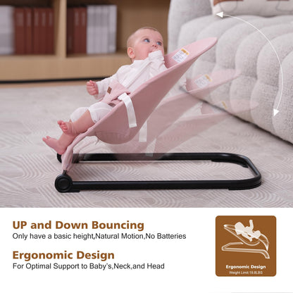 Baby Bouncer,Baby Bouncer Seat,Portable Infant Bouncer with 3-Point Safety Harness,Ergonomic Bouncy Seat, Newborns Bouncer for Babies 0-6 Months up to 20lbs,ASTM-Certified(Pink)