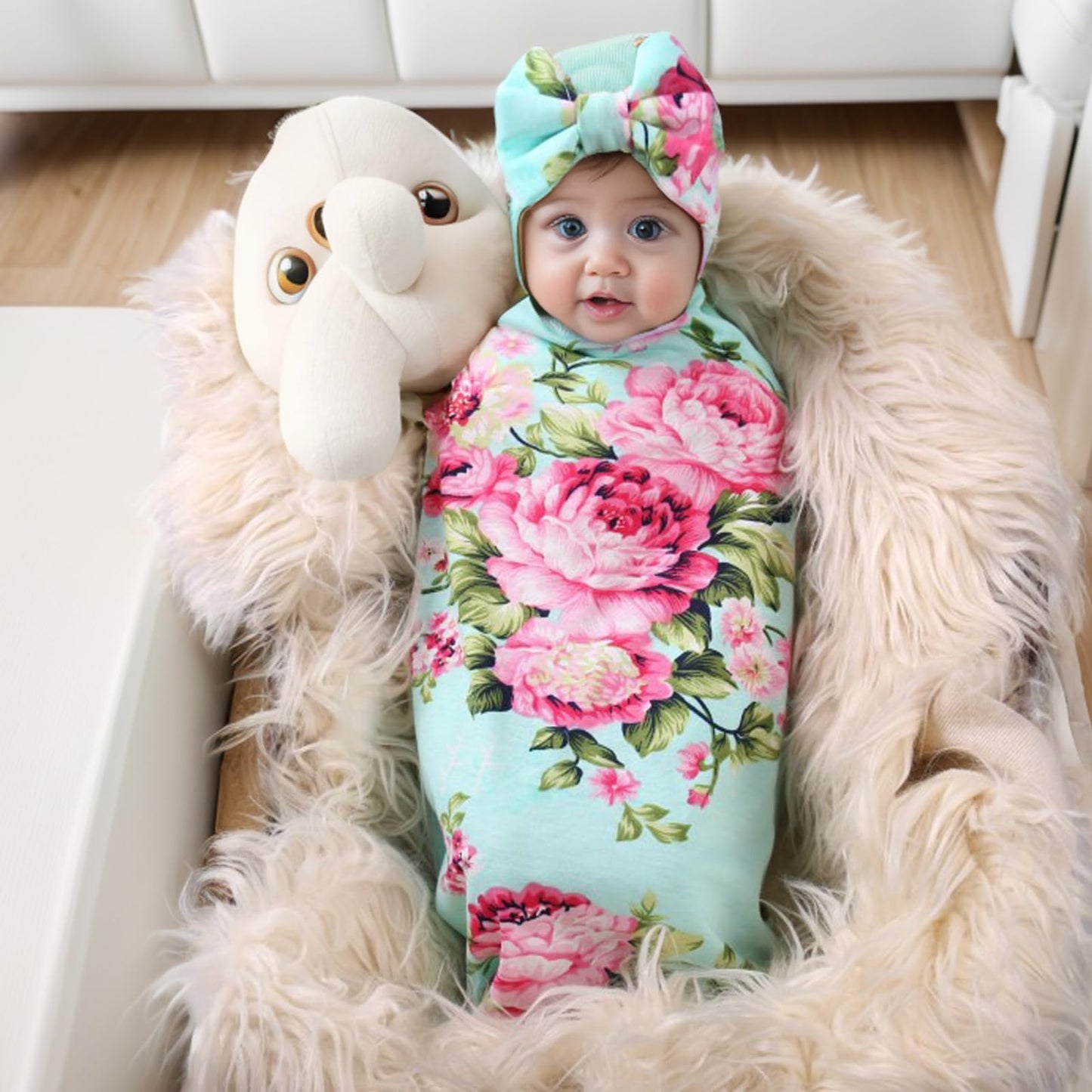 Galabloomer Newborn Receiving Blanket Headband Set Baby Flower Swaddle (vintage flower)