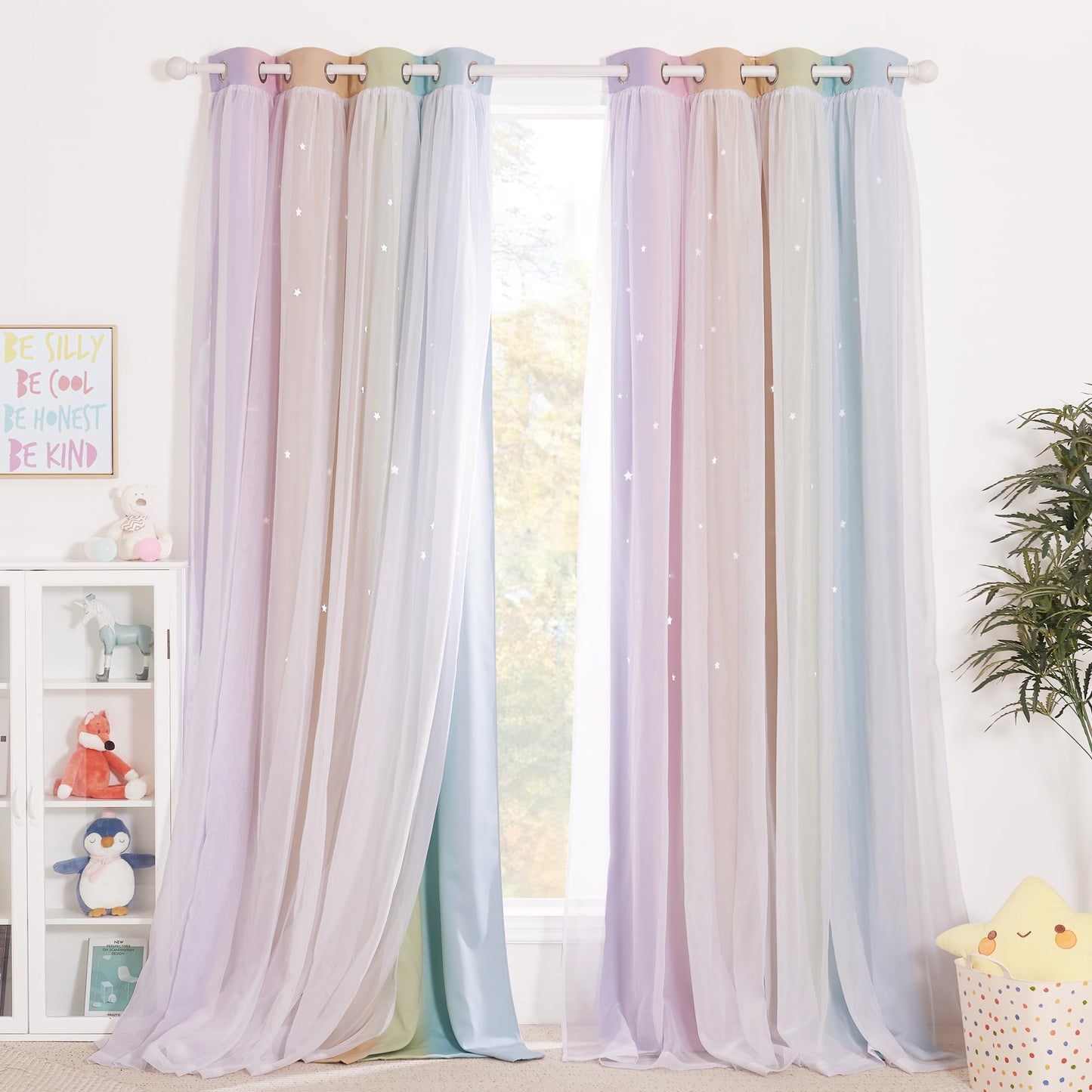 NICETOWN Nursery Curtains for Kids, Farmhouse Blackout Curtain Panels for Bedroom, Double Layer Star Hollow-Out Grommet Aesthetic Living Room Toddler Window Curtains, 2 Pcs, W52 x L84, Biscotti Beige