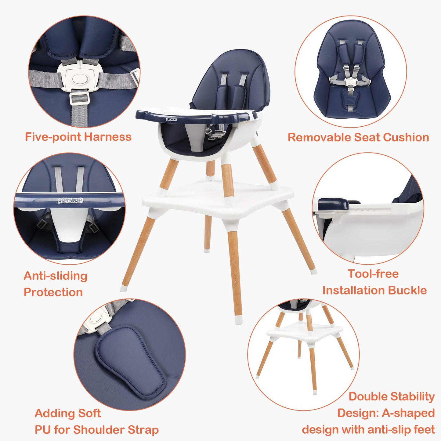 JOYMOR 5-in-1 Convertible Baby High Chair for Babies and Toddlers, Table and Chair Set, Wooden Infant Eating Highchair with Leather Seat Cushion, 4-Position Removeable & Adjustable Tray (Biege)