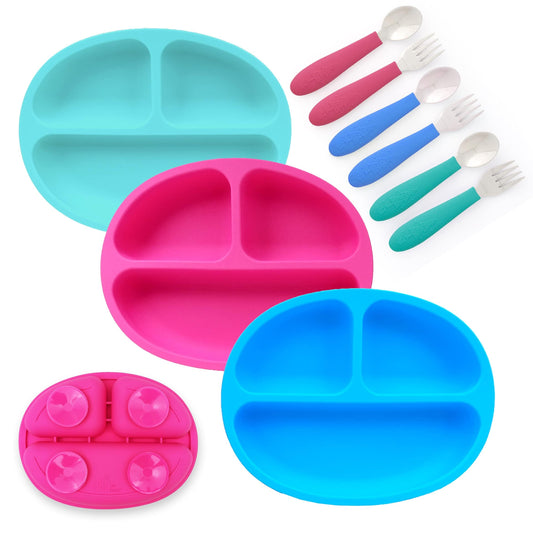 Elk and Friends Silicone Suction Plate for Babies/Toddlers + Stainless Steel Silverware Feeding Set | Divided Plate | Suction Design | Forks + Spoons Included | 3 Pack