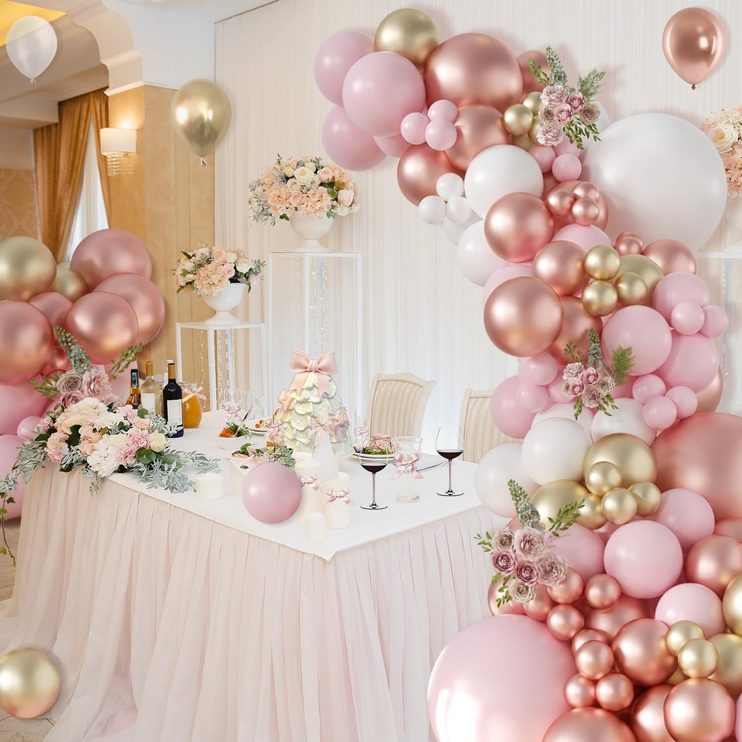 Rose Gold Balloon Arch Kit, 163pcs Metallic Rose Gold Balloon Garland Kit Include Pink White and Gold Balloons Wedding Birthday Bridal Baby Shower Party Mothers Day Bachelorette Decorations